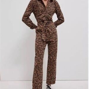 Anthropologie Denim Leopard Print Utility Jumpsuit